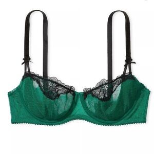 Victoria's Secret Wicked Unlined Dotted Mesh Balconette Bra- Green Black (38C)